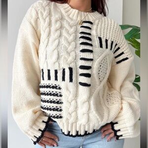 Grey Bandit Women’s Oversized S Chunky Knit Ivory/Black Soft Statement Sweater